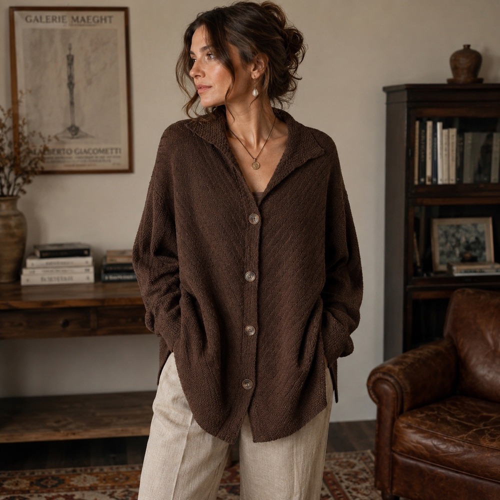 Margaret O'Leary Sz 2 /Lg Brown Knit Cardigan Sweater Oversized Button Front